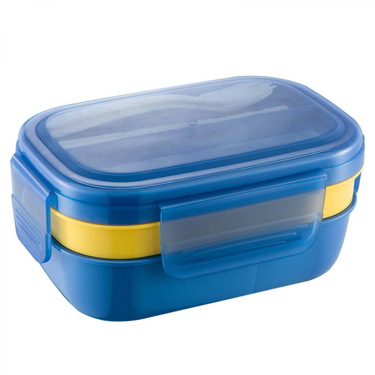 Blaue Brotdose mit gelbem Band und transparentem Deckel. Inklusive Besteck.