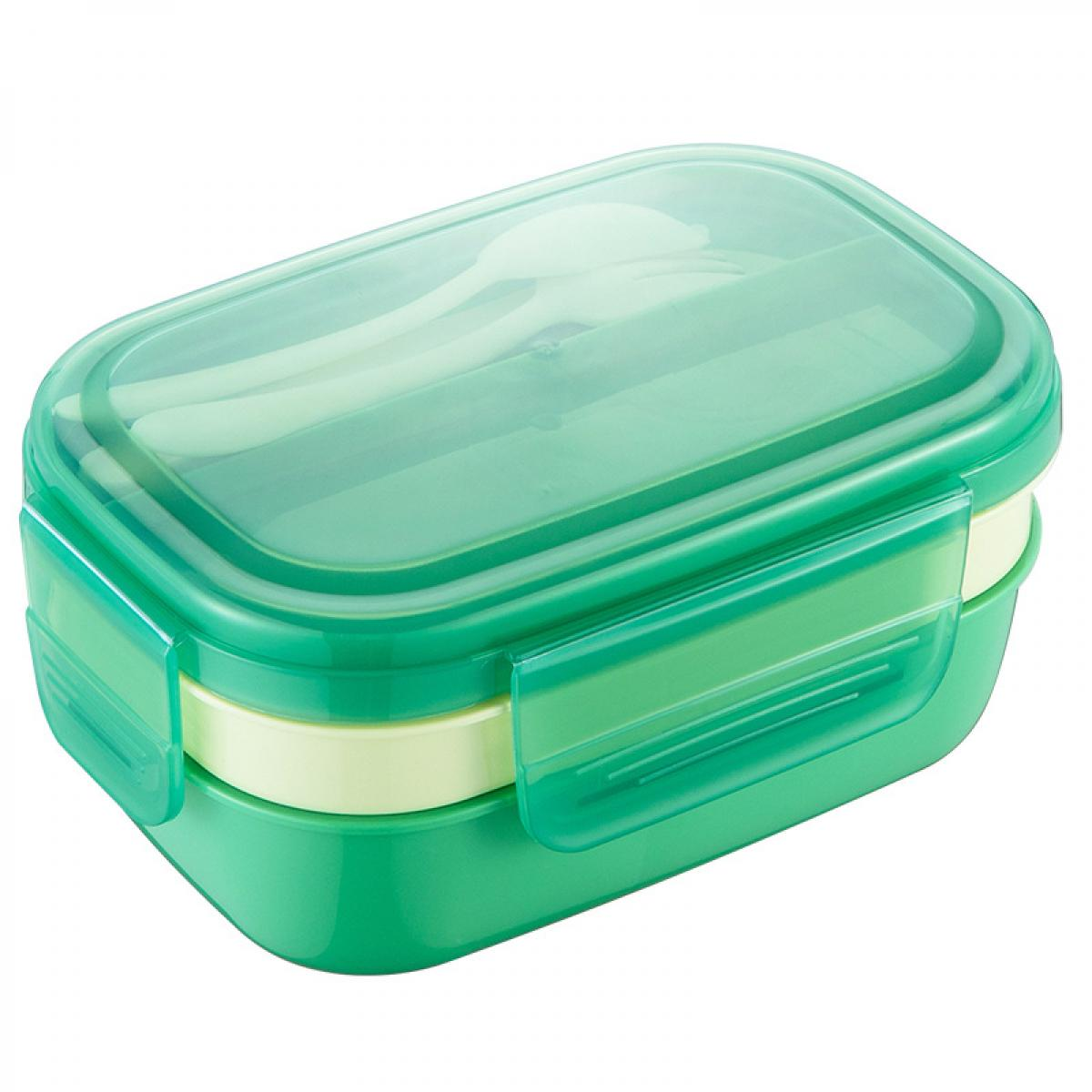 Grüne Lunchbox mit weißem Besteck darunter.