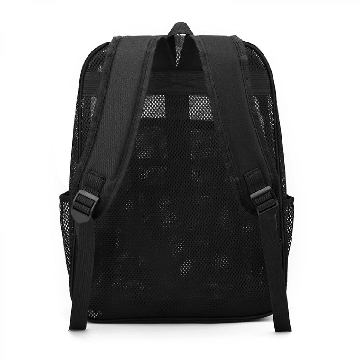 Schwarzer Netz-Rucksack mit gepolsterten Schultergurten und Schnallen.
