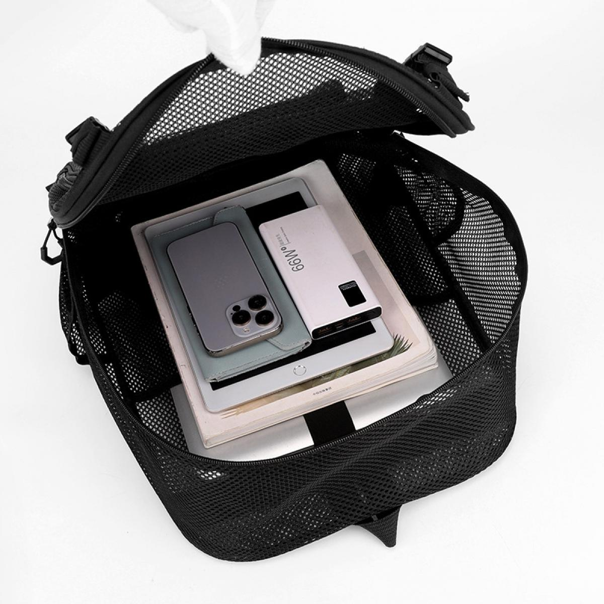 Ein schwarzer Netzbeutel mit Tablet, Handy und Powerbank.