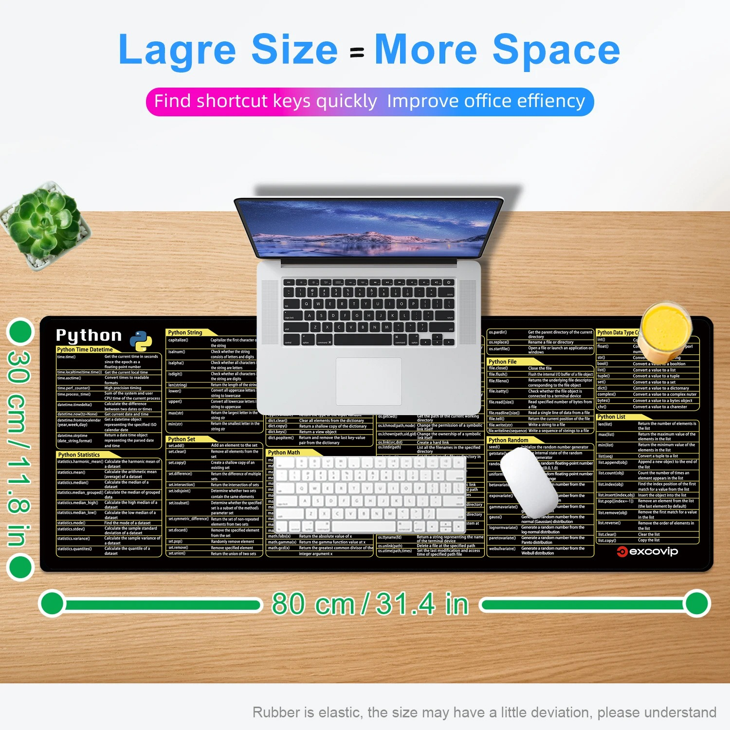 Ein Laptop und eine Maus auf einer Python-Tastaturmatte. Oben steht "Lagre Size = More Space".