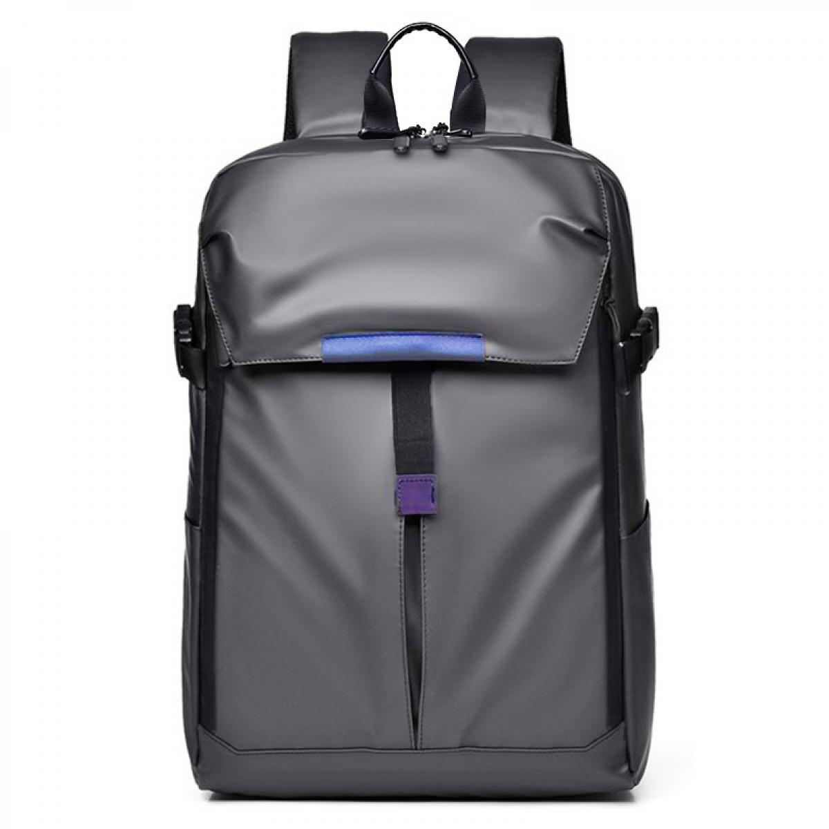 Grauer Rucksack mit blauen und violetten Akzenten, Vorderansicht.