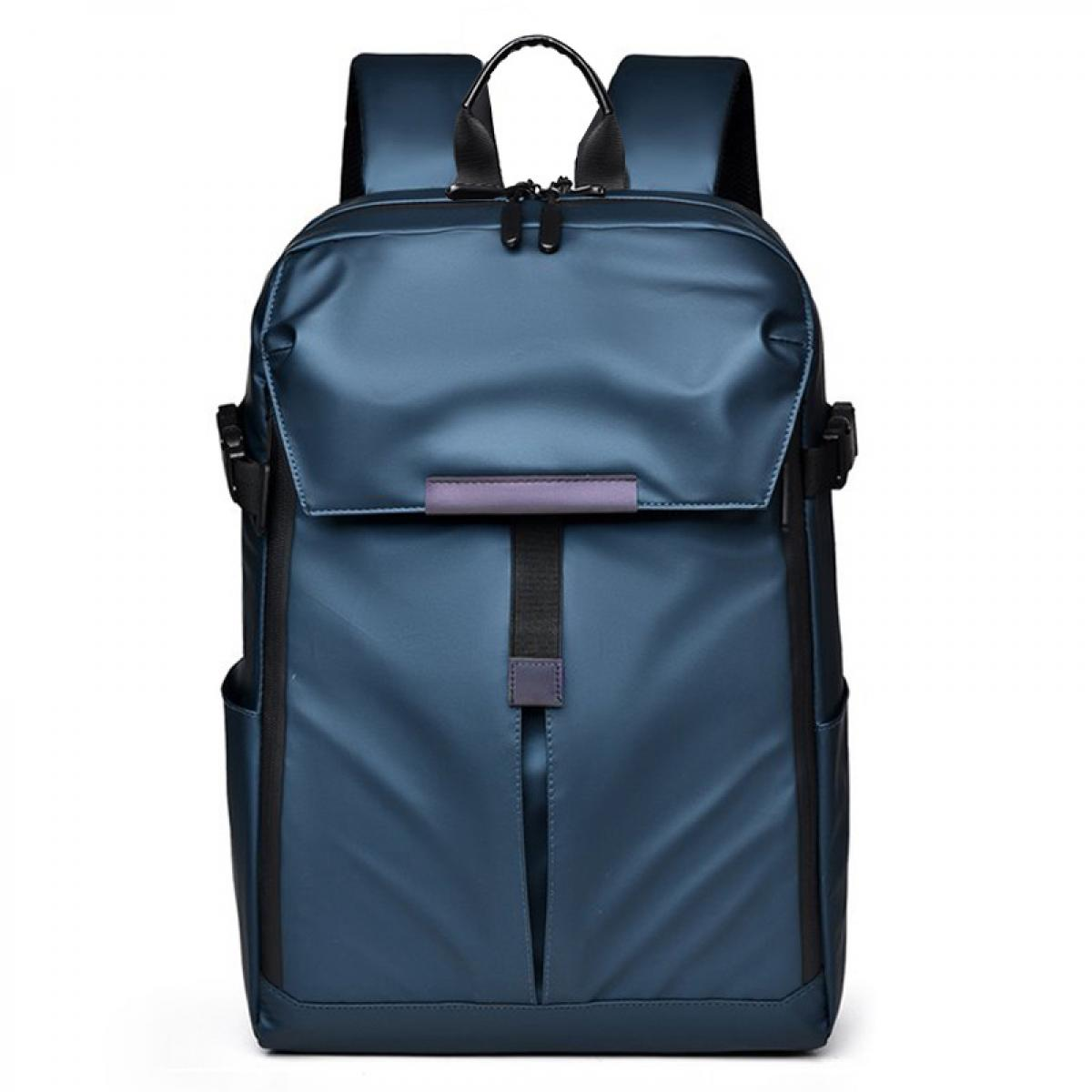 Ein blauer Rucksack mit schwarzen Trägern und Reißverschlüssen.