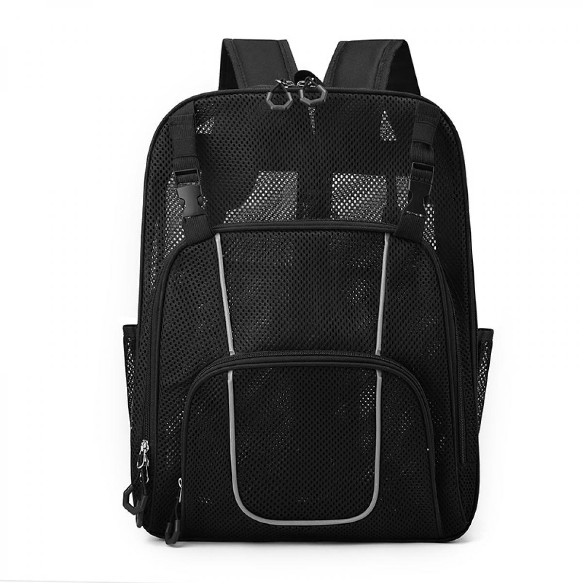 Ein schwarzer Netzrucksack mit Reißverschlusstaschen und verstellbaren Trägern.