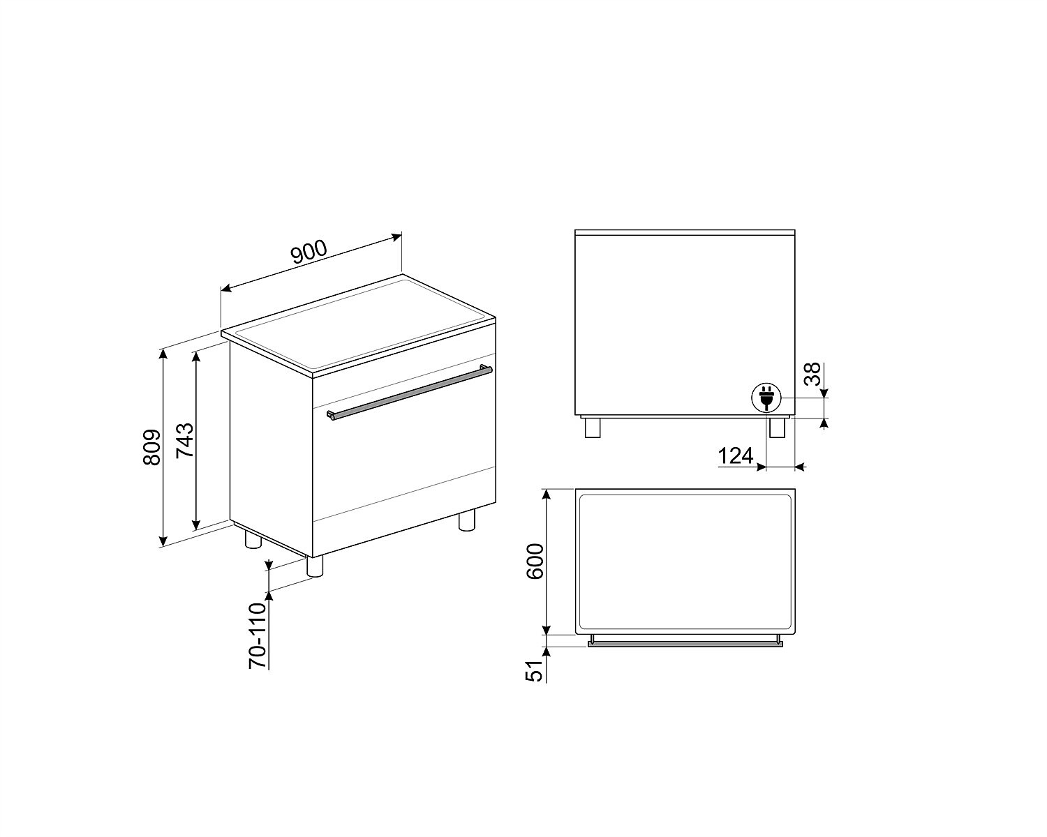 Disegno tecnico di un mobile con dimensioni. Mostra viste frontali, laterali e dall'alto.