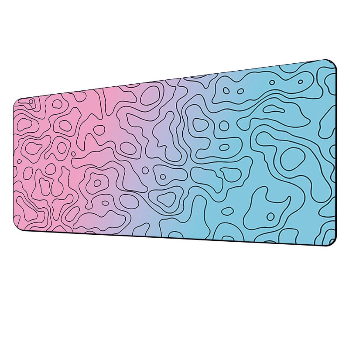 Eine rechteckige Mausunterlage mit einem Farbverlauf von Pink zu Blau und schwarzen Linien.