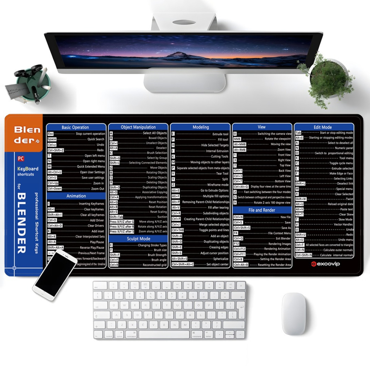 Blender Tastenkürzel-Übersicht auf einer Schreibtischunterlage, mit Tastatur und Monitor.