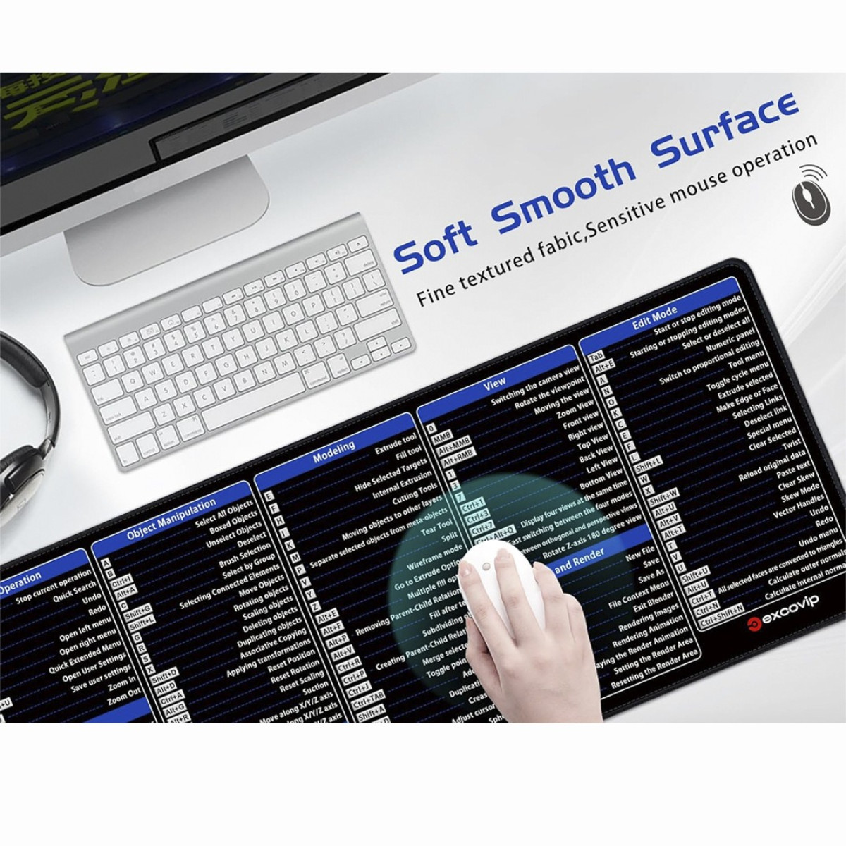 Eine schwarze Mausauflage mit Tastatur und Kopfhörern, die eine Software-Befehlsübersicht anzeigt.