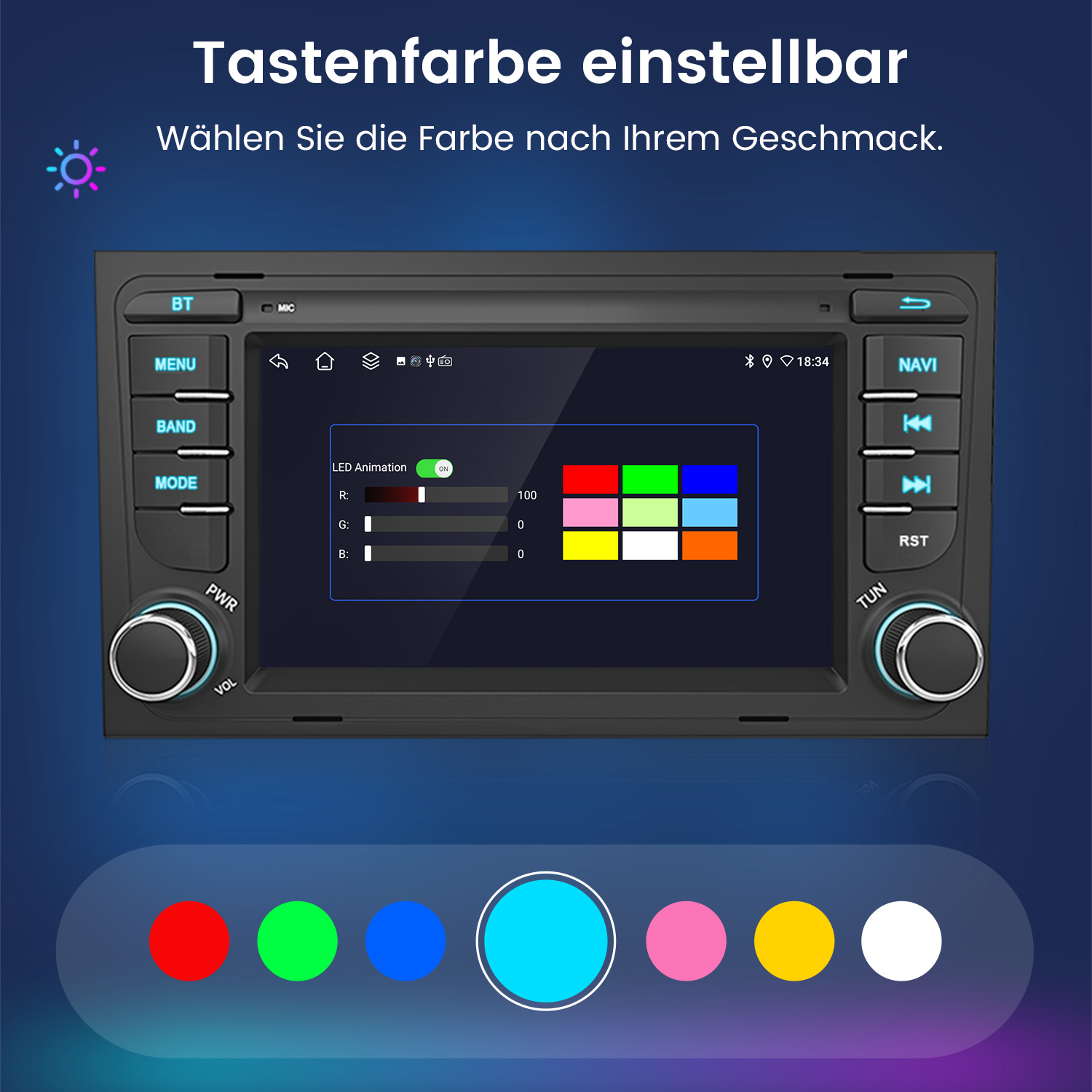 Ein Autoradio mit einstellbarer Tastenbeleuchtung und Farbauswahl.