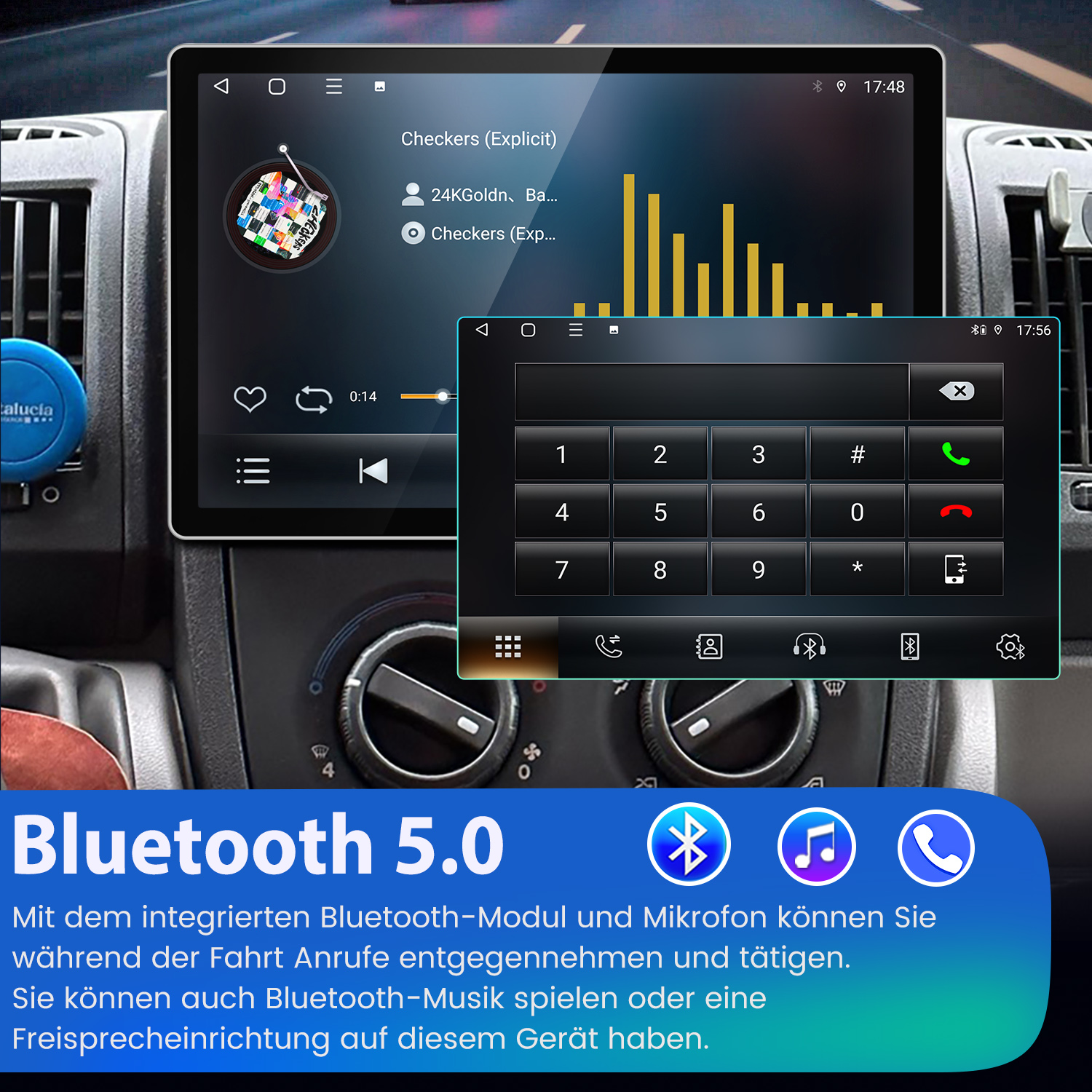 Ein Auto-Infotainment-System zeigt Musik und eine Tastatur. Bluetooth 5.0.