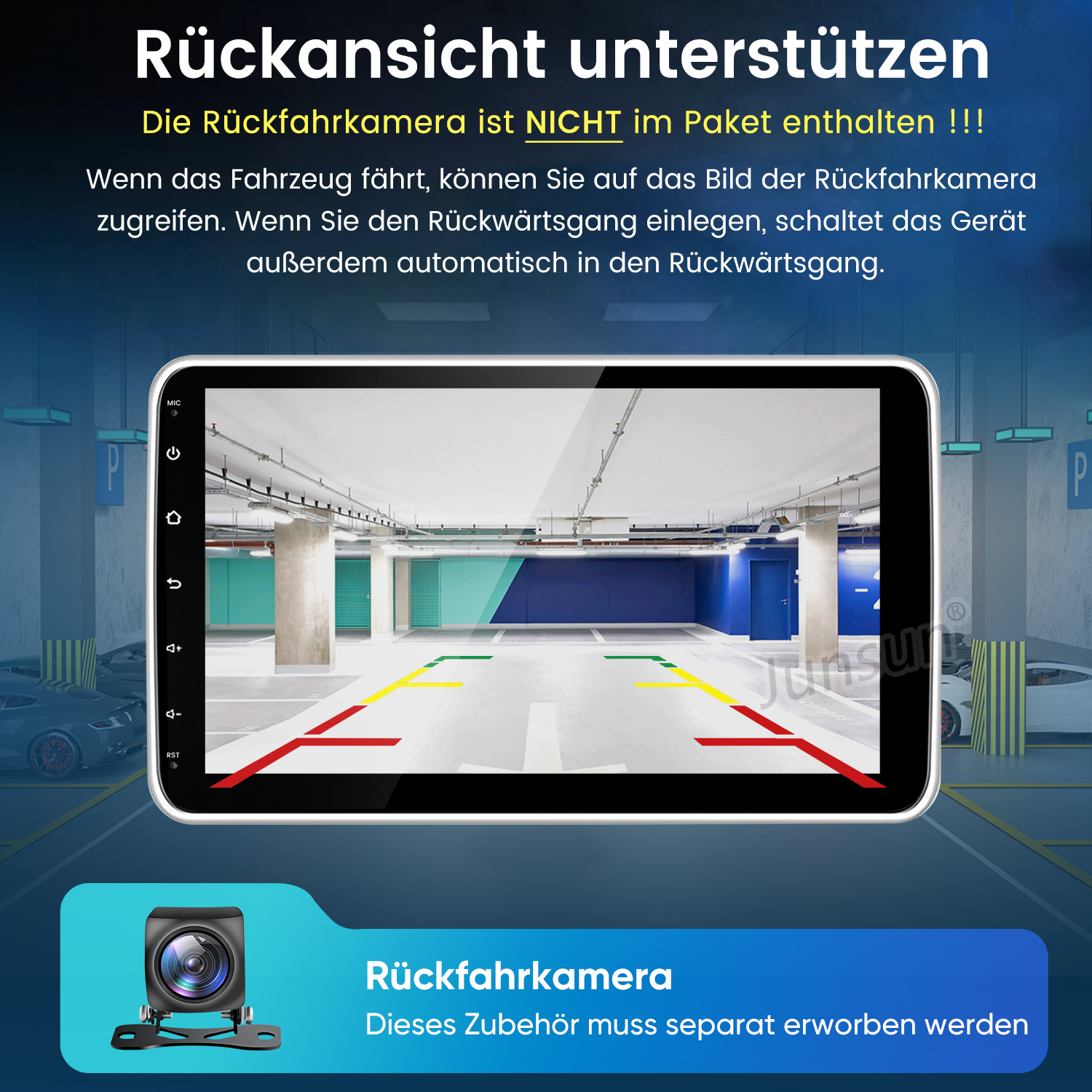 Einparkhilfe-Bildschirm zeigt Parkplatzansicht mit Hilfslinien und einer Rückfahrkamera.