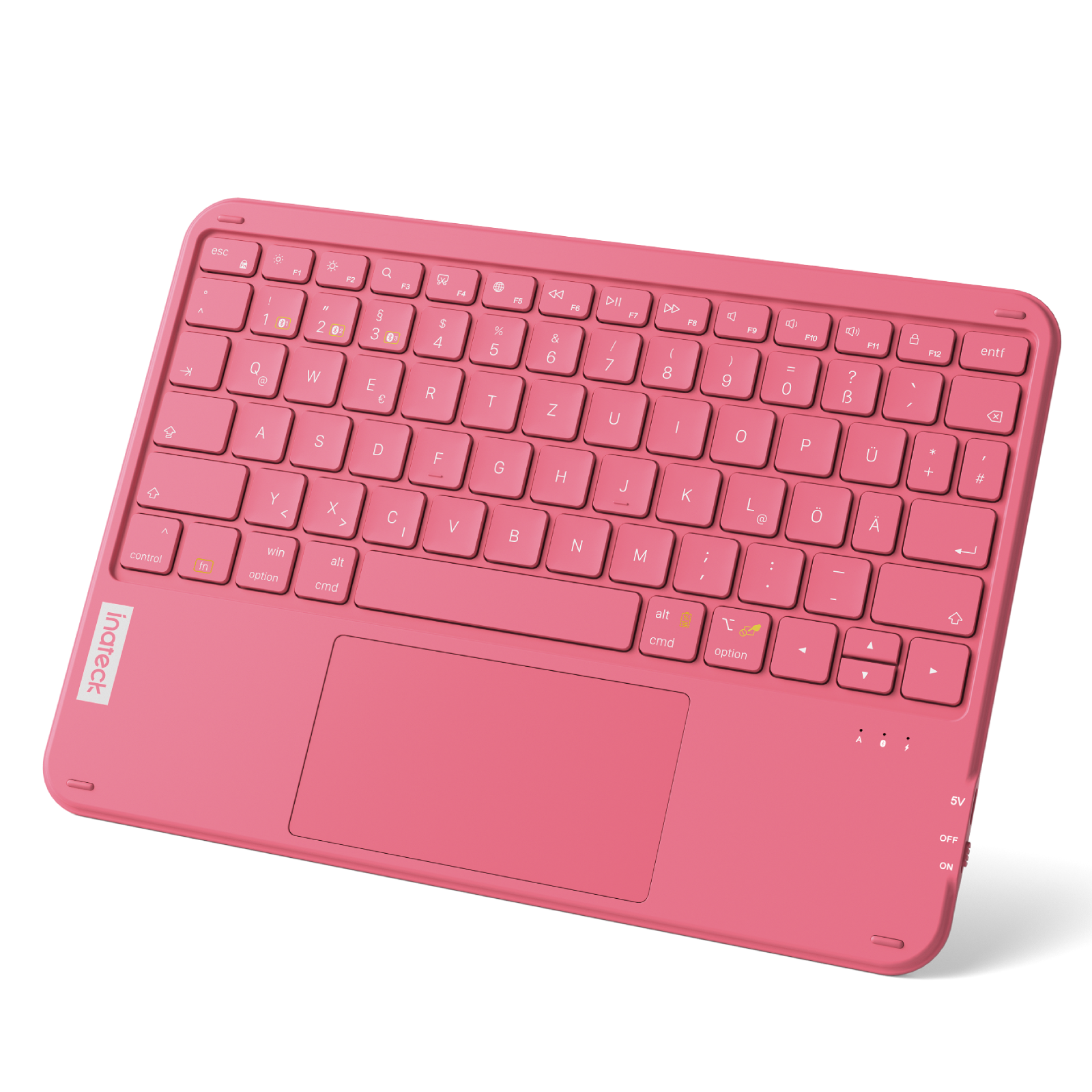 Eine pinke Tastatur mit einem Touchpad und dem Inateck-Logo.