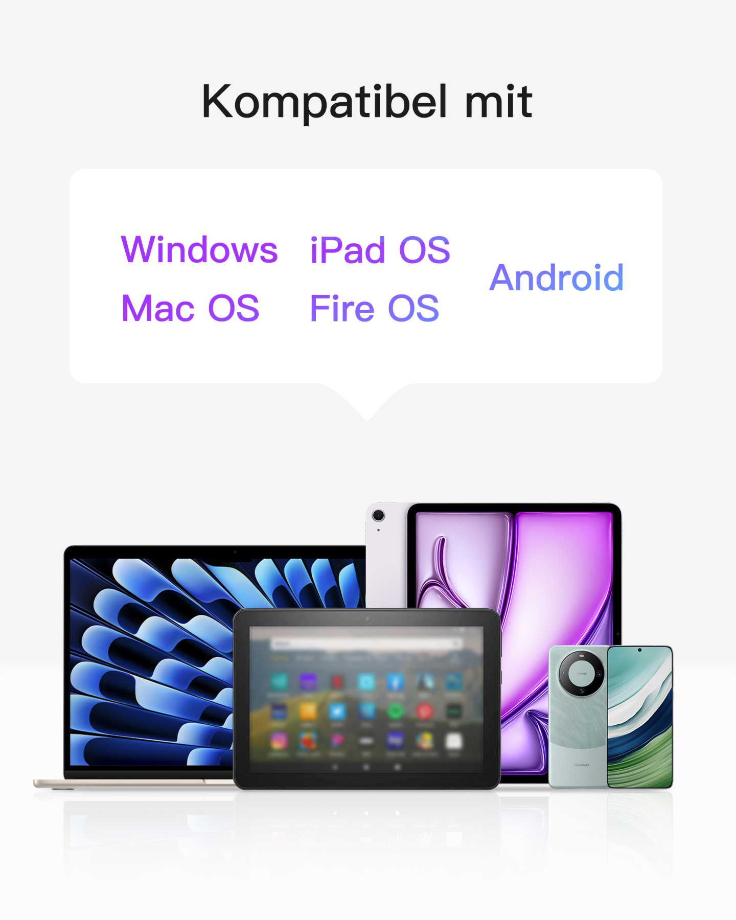 Kompatibel mit Windows, iPad OS, Mac OS, Fire OS und Android.