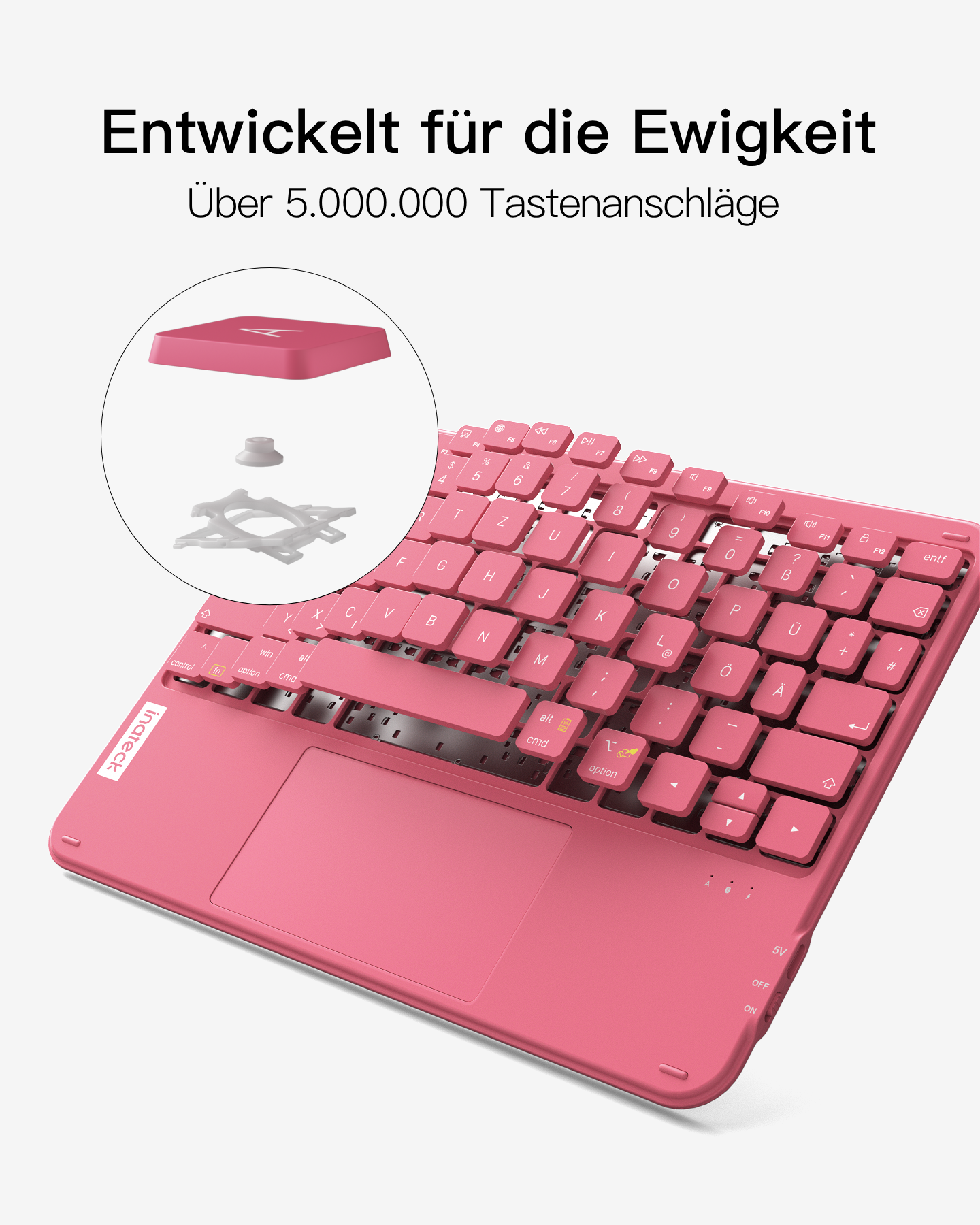 Ein rosa Tastatur-Layout mit Tasten und Touchpad. Ein Keycap-Detail ist vergrößert.