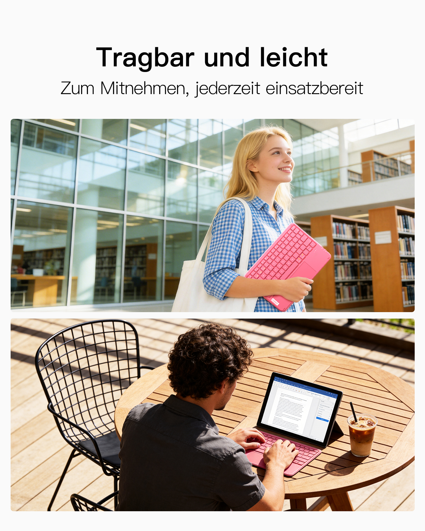Junge Frau mit pinker Tastatur in Bibliothek; Mann mit Laptop im Freien.