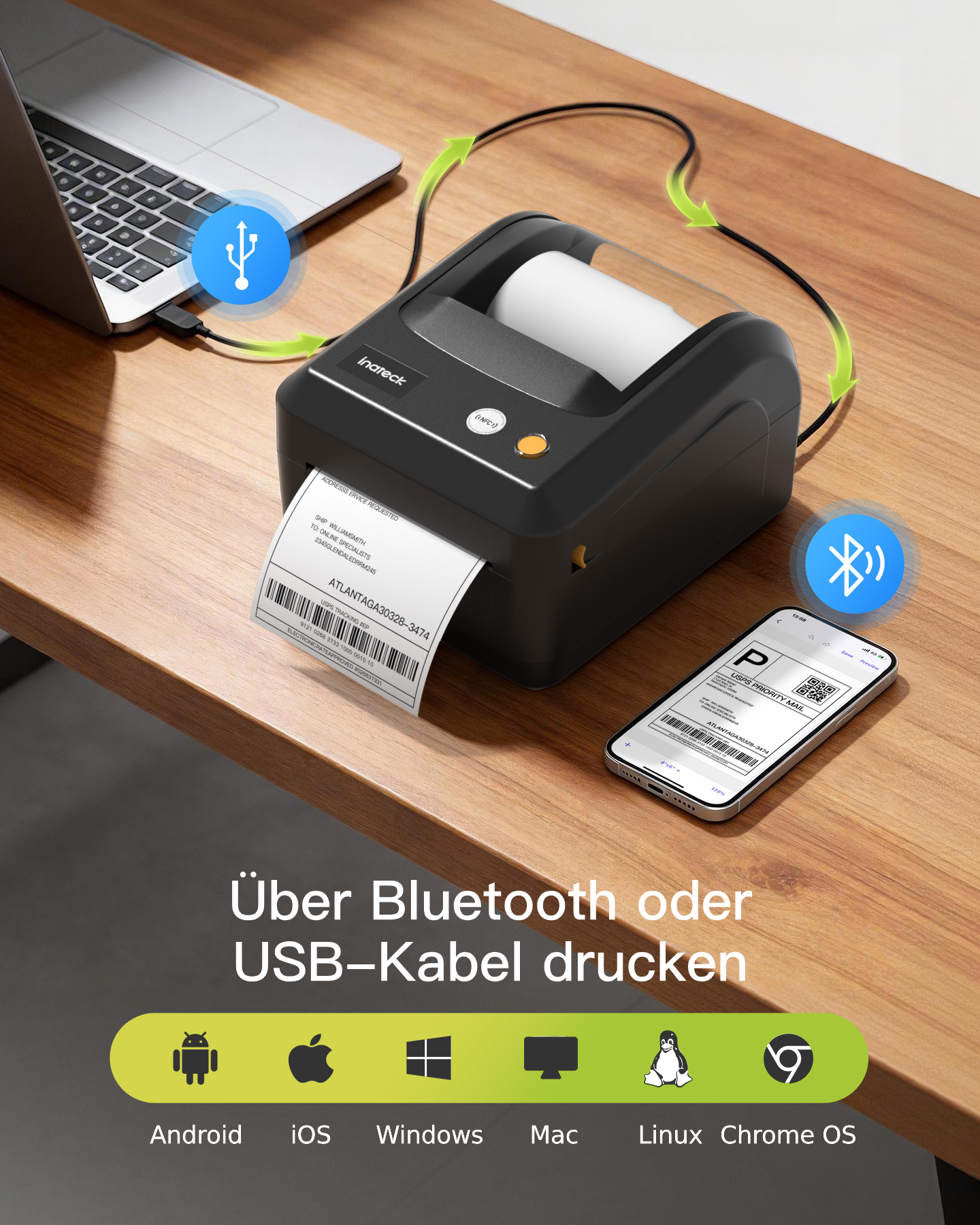 Ein Inateck-Drucker druckt Etiketten über USB von einem Laptop oder Bluetooth von einem Handy.