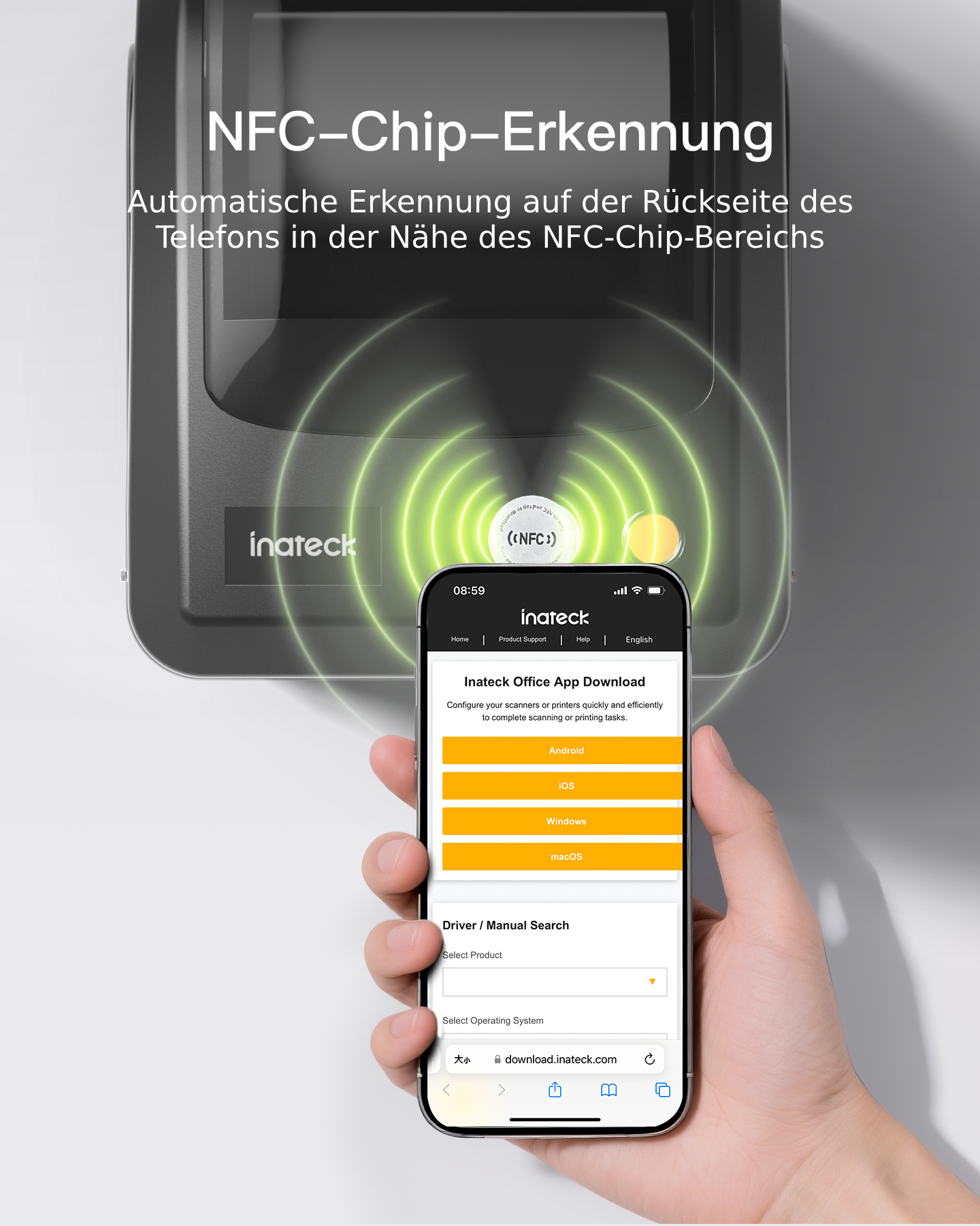 Ein Smartphone wird verwendet, um einen NFC-Chip auf einem Inateck-Gerät zu erkennen.