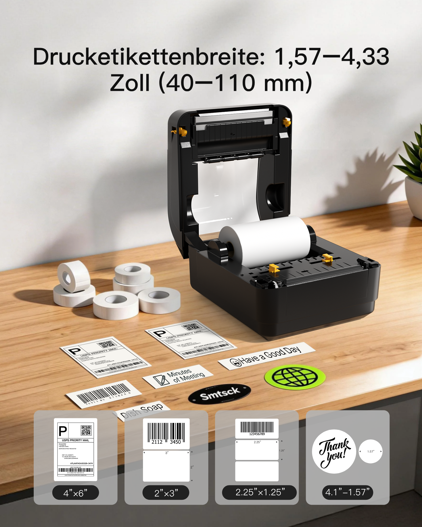 Ein Drucker mit Etikettenrollen und Beispielen für verschiedene Etikettengrößen.