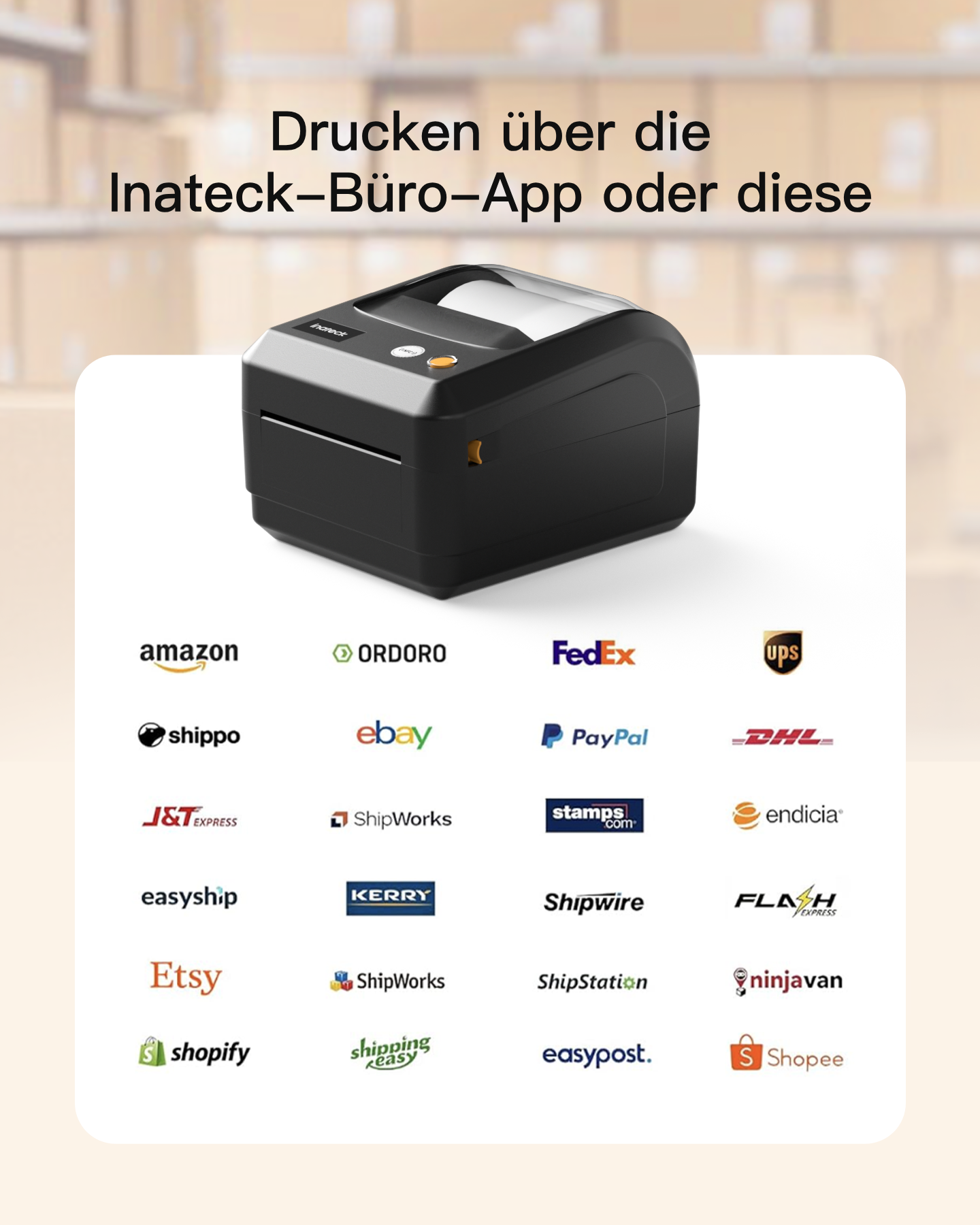 Ein Inateck-Drucker mit Logos von Versanddiensten wie Amazon, DHL, UPS.