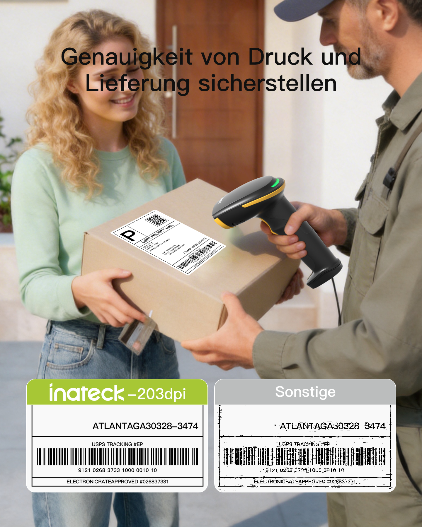 Mann scannt Paket, Frau hält es. Text: Genauigkeit von Druck und Lieferung sicherstellen.