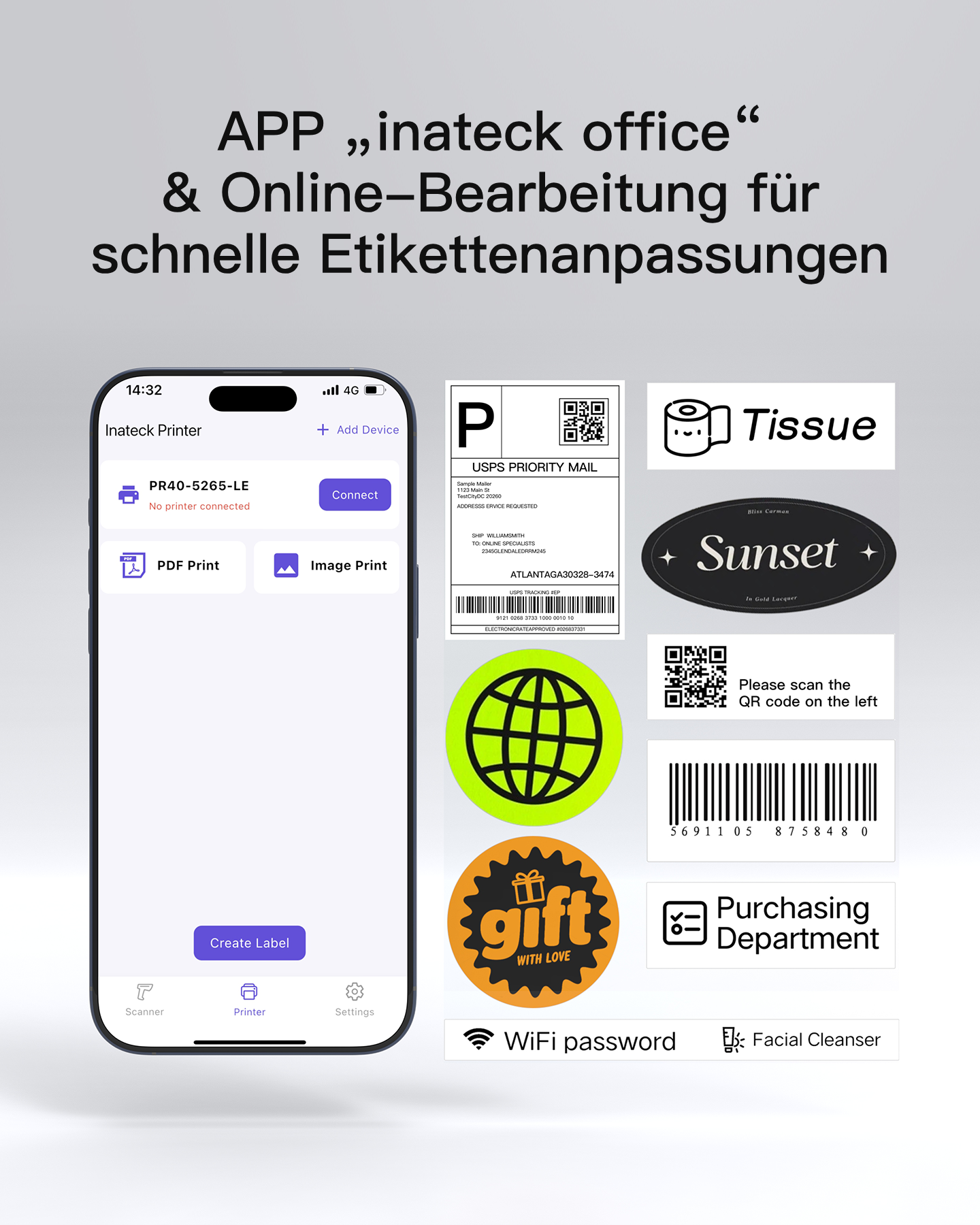 App-Interface mit USPS-Label, 'Tissue'-Logo, 'Sunset'-Label, 'Gift'-Aufkleber.