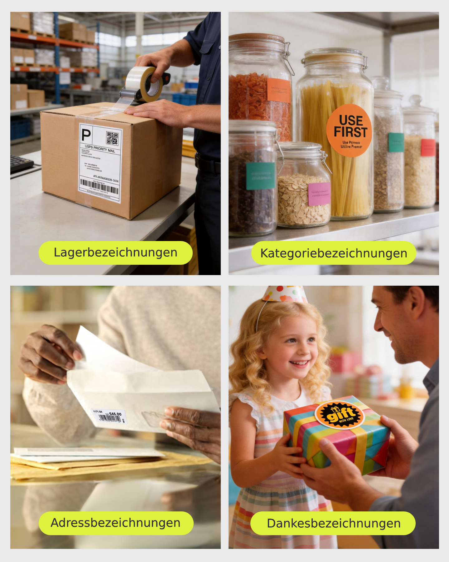 Verpackung, Einmachgläser mit Lebensmitteln, Umschlag und Geschenk.