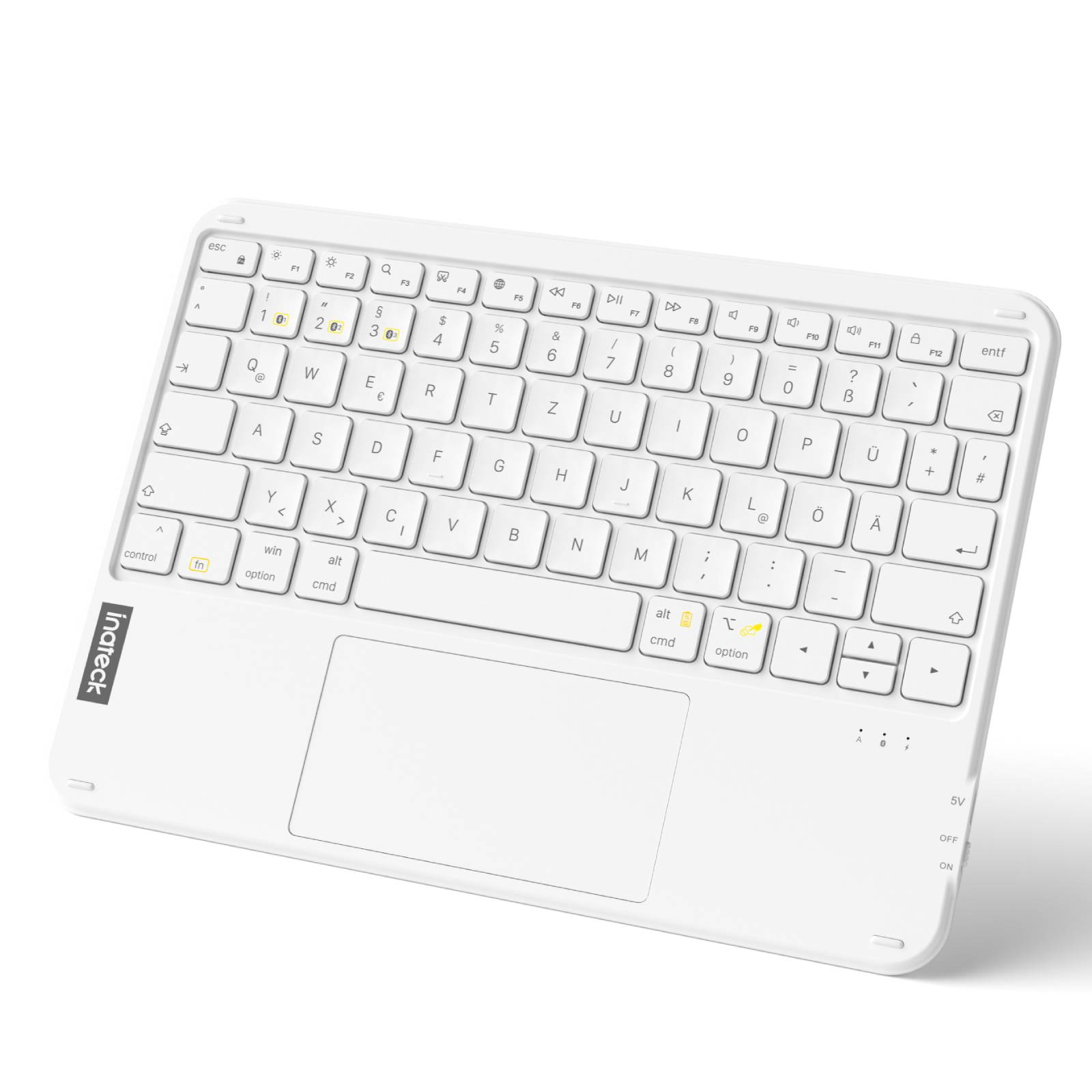 Eine weiße Tastatur mit Touchpad und dem Inateck-Logo.