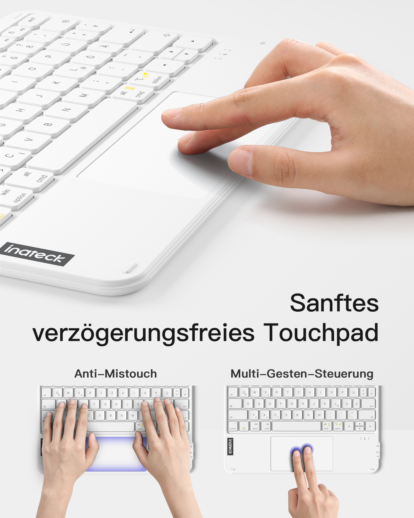 Eine Hand benutzt ein weißes Tastatur-Touchpad mit "Inateck"-Logo. Zwei Hände zeigen auf Tastaturen.