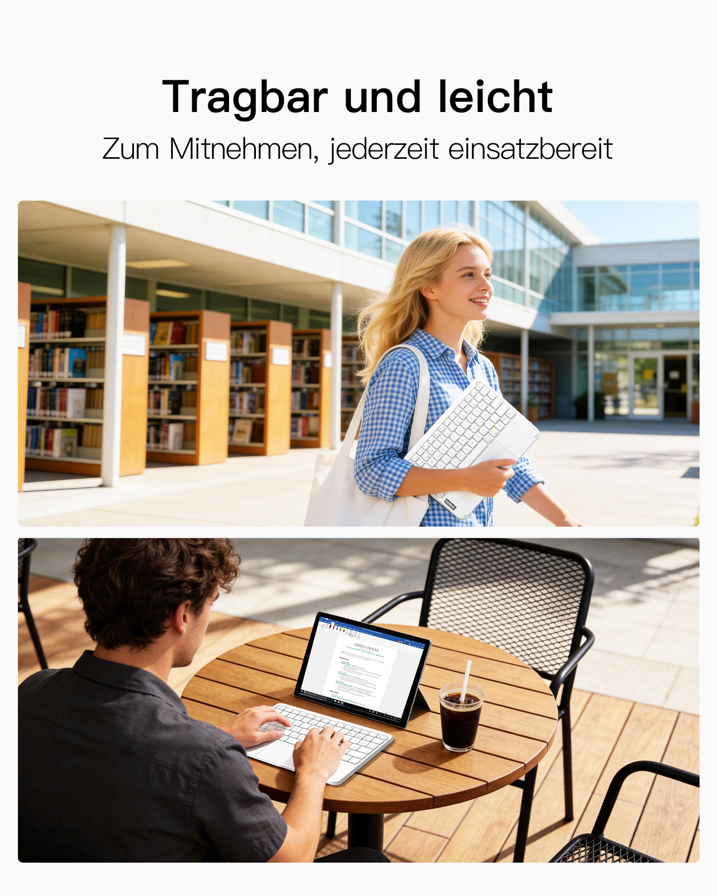 Frau mit Tastatur im Freien, Mann mit Laptop am Tisch.