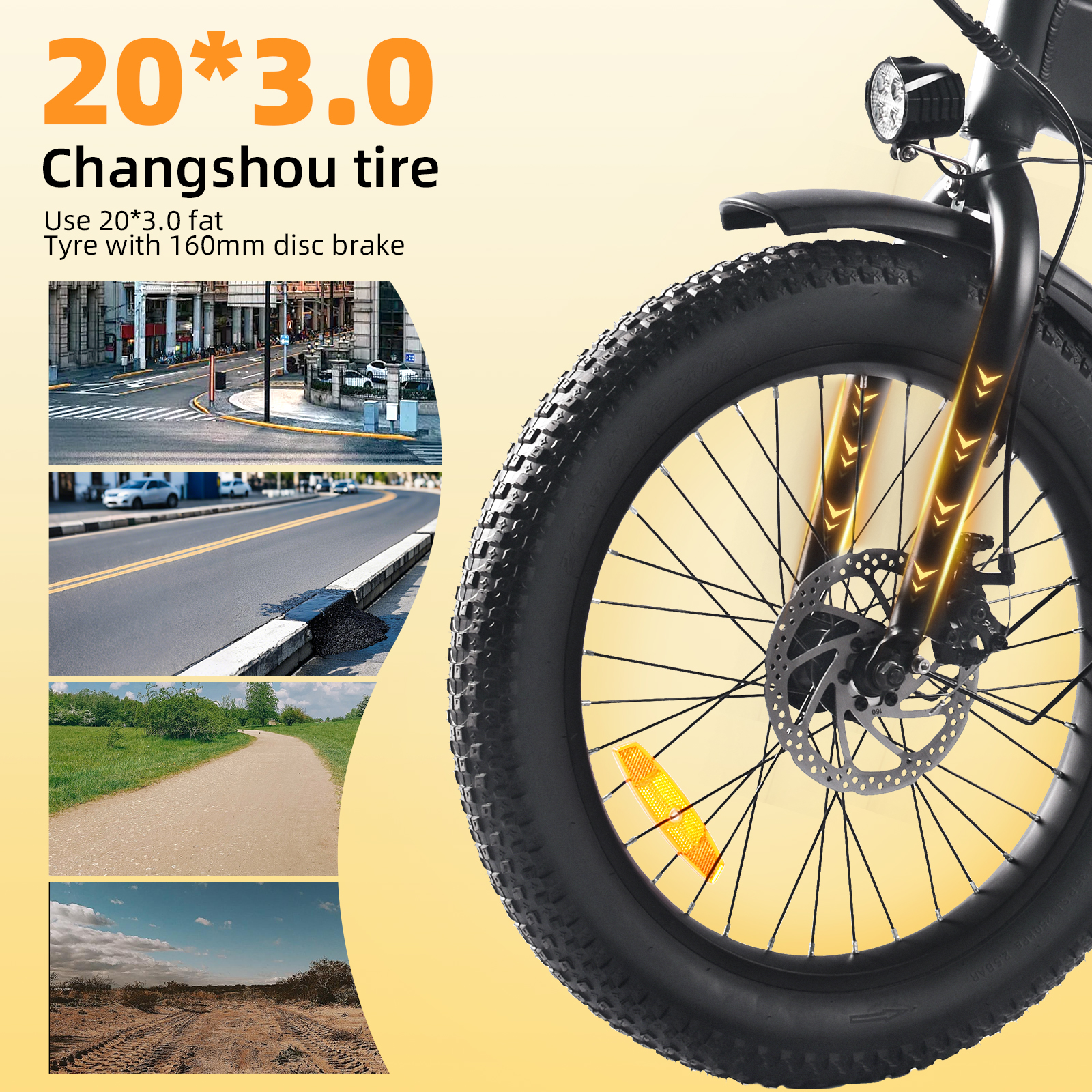 Fahrrad mit 20x3.0 Reifen, Scheibenbremse und Stadt-/Park-/Wüstenlandschaften.