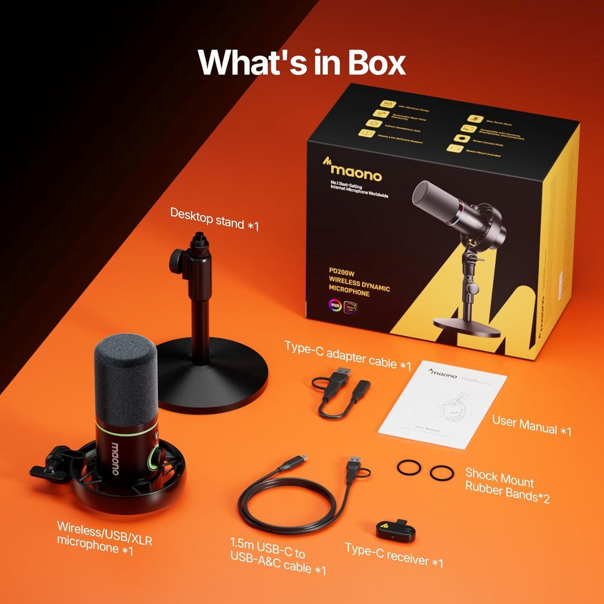 Box contents: microphone, stand, cables, manual, rubber bands, receiver.