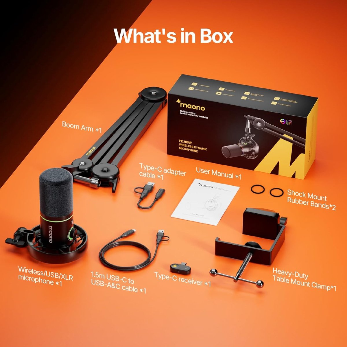 Contents of a Maono PD200W microphone box: microphone, boom arm, clamp, cables, receiver.
