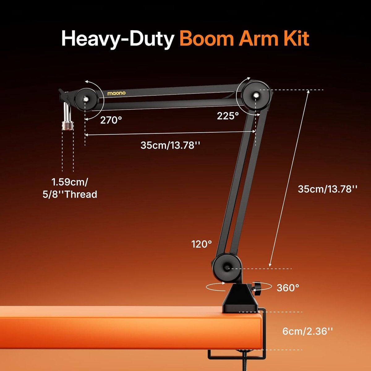 Black Maono boom arm on orange desk, with dimensions and angles shown.