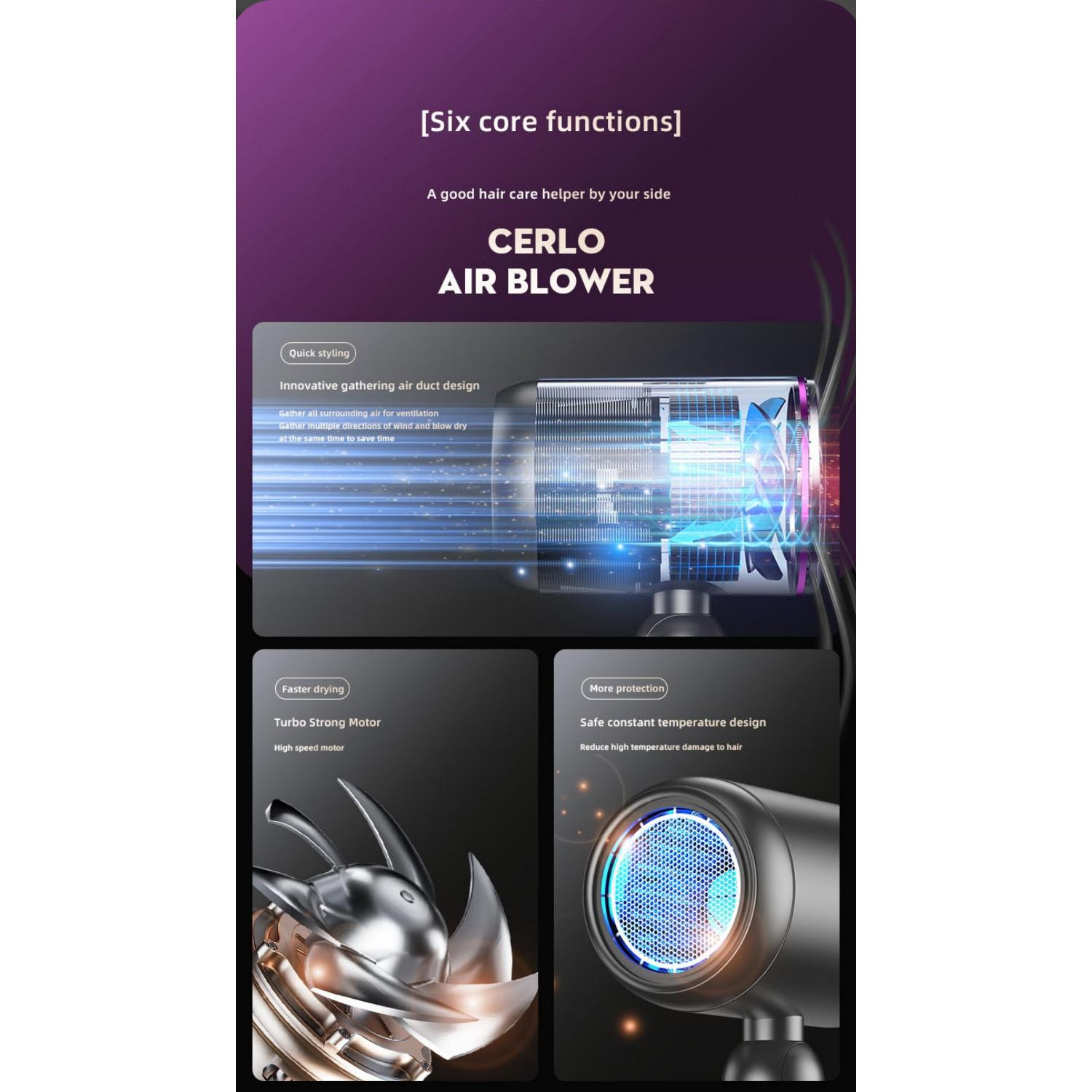 CERLO Air Blower: Schnelles Styling, Turbo-Motor, sichere Temperatur.