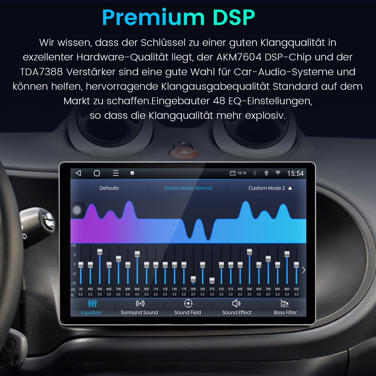 Ein Auto-Infotainment-Bildschirm zeigt einen Equalizer mit blauen Balken.