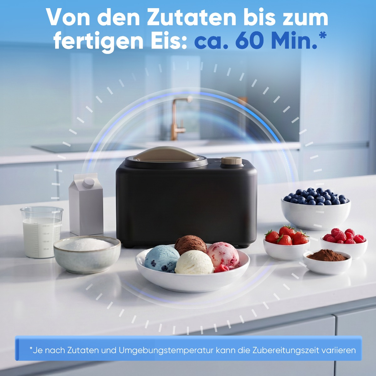 Eismaschine mit Zutaten wie Beeren, Zucker, Milch und Eiscreme.