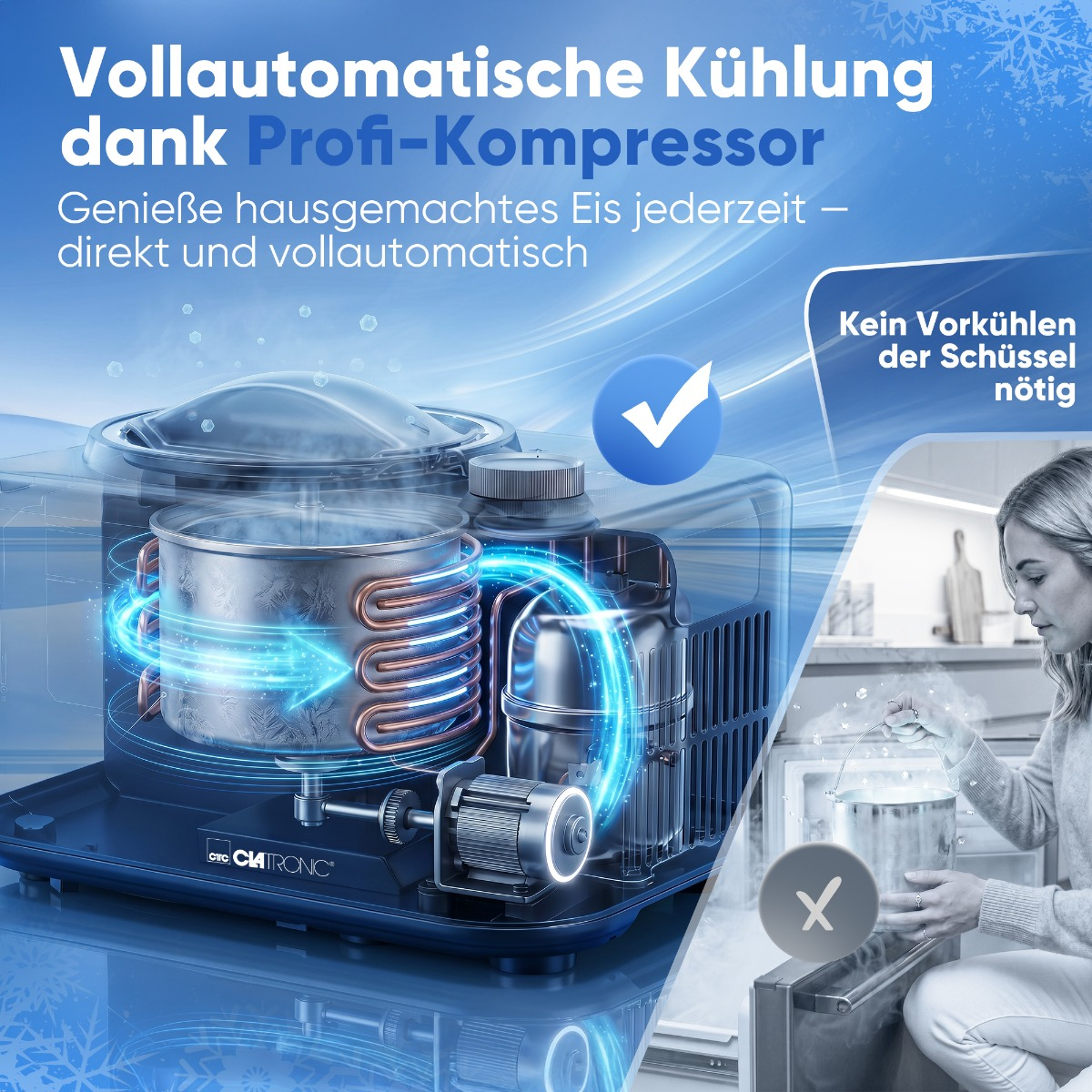 Ein Eisbereiter-Detail mit Kompressor und Kühlspirale. Rechts eine Frau.