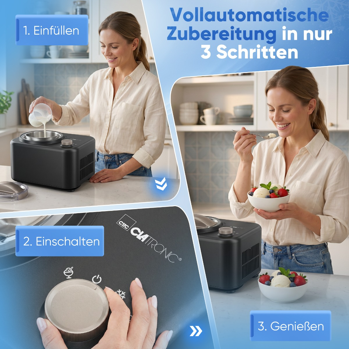 Frau bereitet Eiscreme zu, schaltet Maschine ein und genießt das fertige Eis.