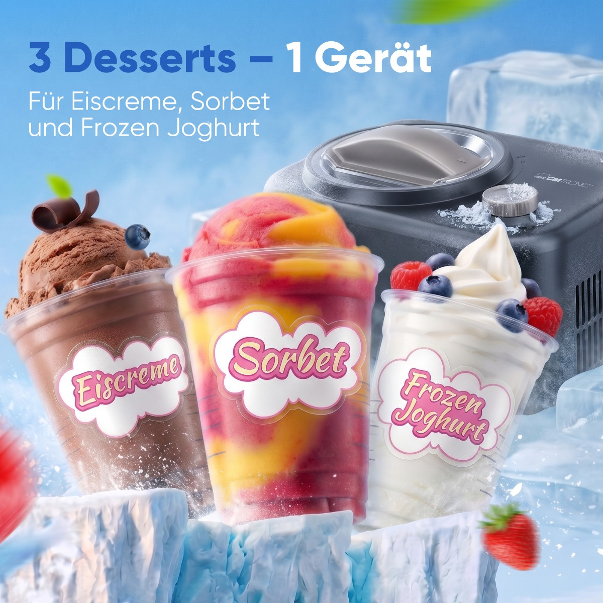 Drei Desserts: Eis, Sorbet, Joghurt mit Eismaschine im Hintergrund.