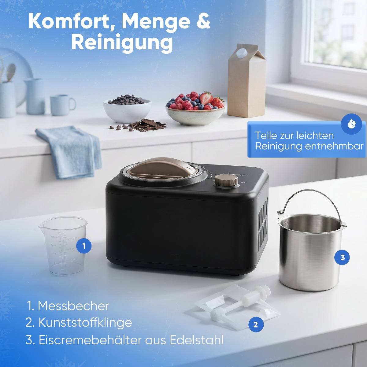 Eismaschine mit Messbecher, Klinge und Edelstahleimer. Zutaten: Beeren, Schokostückchen.
