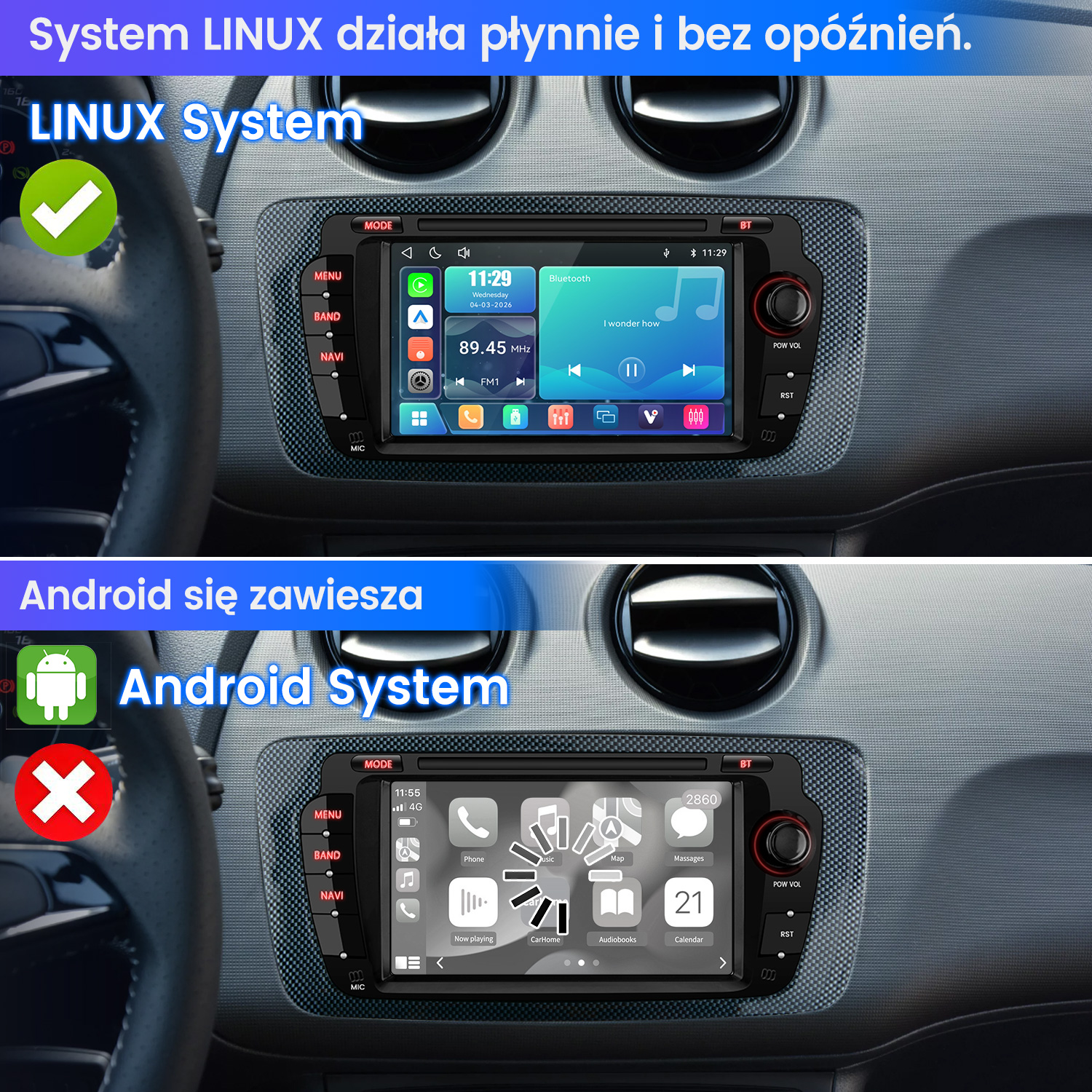 Samochodowy system infotainment pokazujący interfejsy Linux i Android.