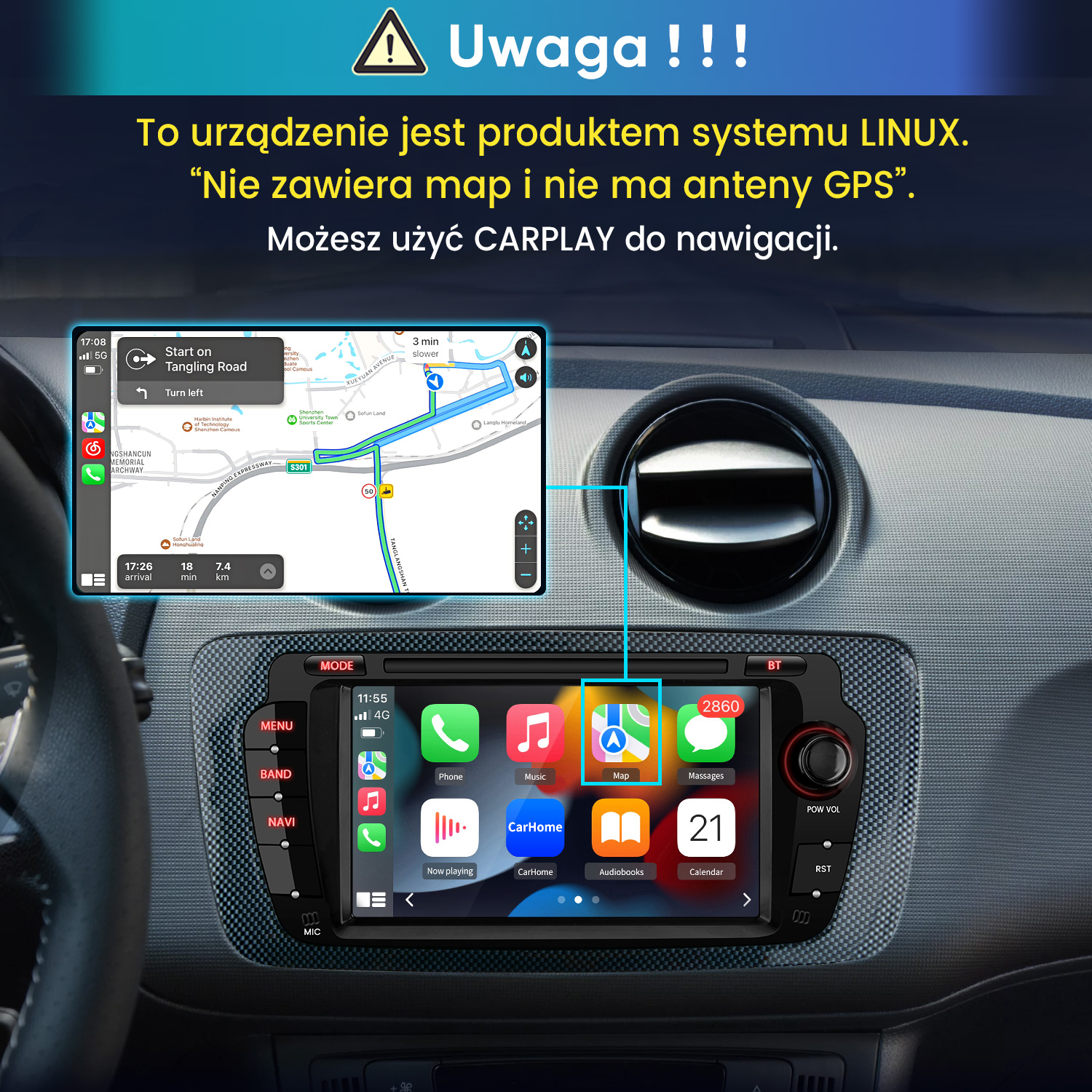 Ekran multimediów samochodowych z nawigacją i CarPlay. Ostrzeżenie po polsku.