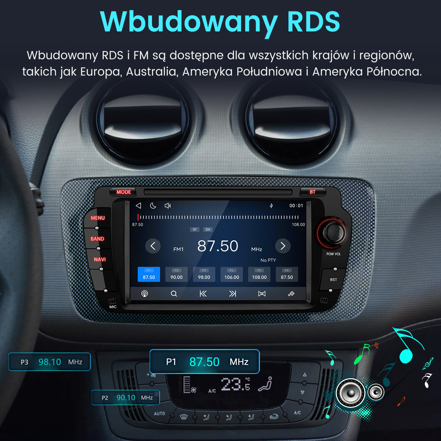 System multimedialny samochodu z ekranem dotykowym pokazującym stacje radiowe i kontrolki klimatyzacji.