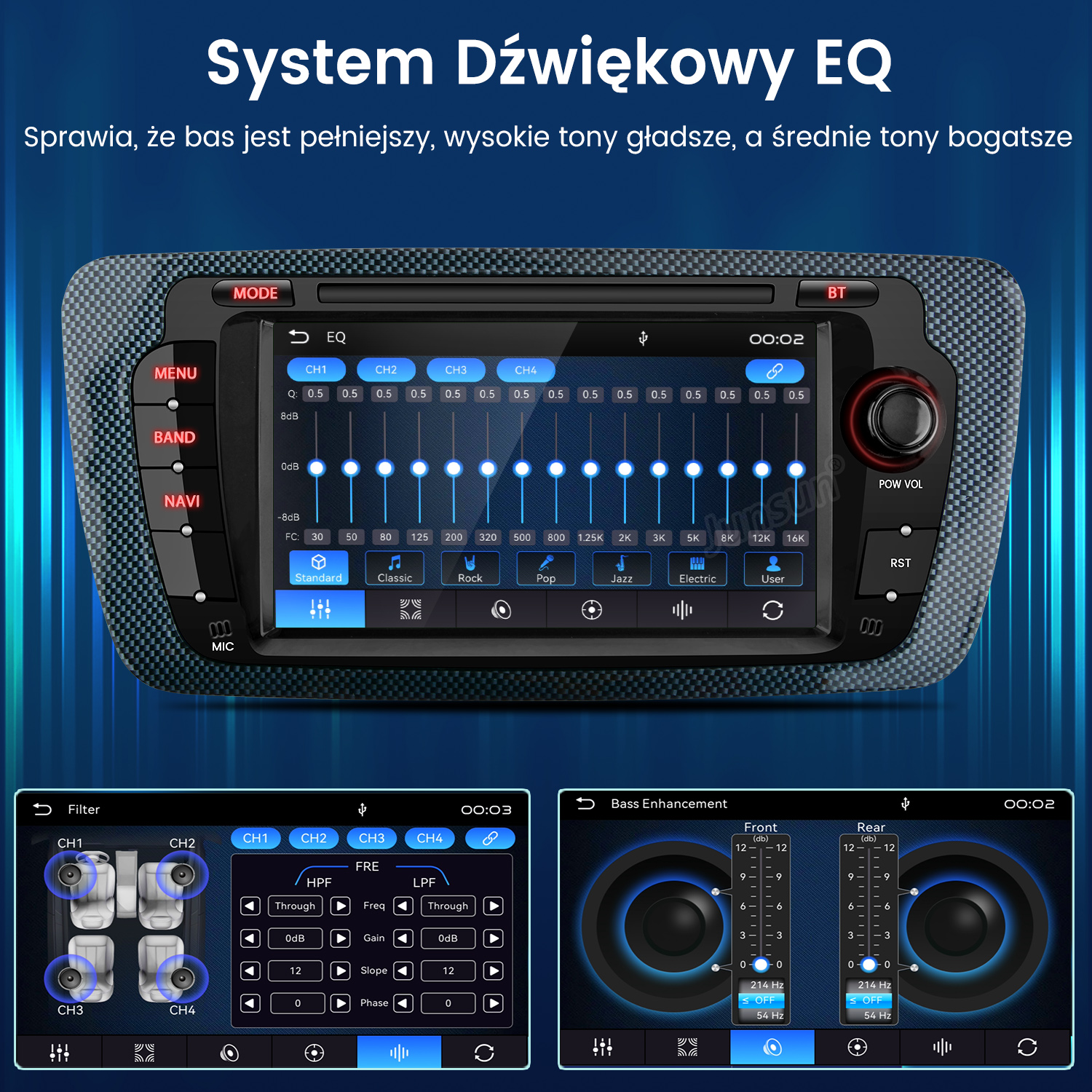 System audio samochodu wyświetlający ustawienia EQ, filtru i podbicia basu.