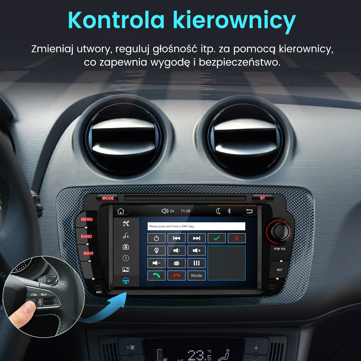 Samochodowy system infotainment z ekranem dotykowym i przyciskami na kierownicy.