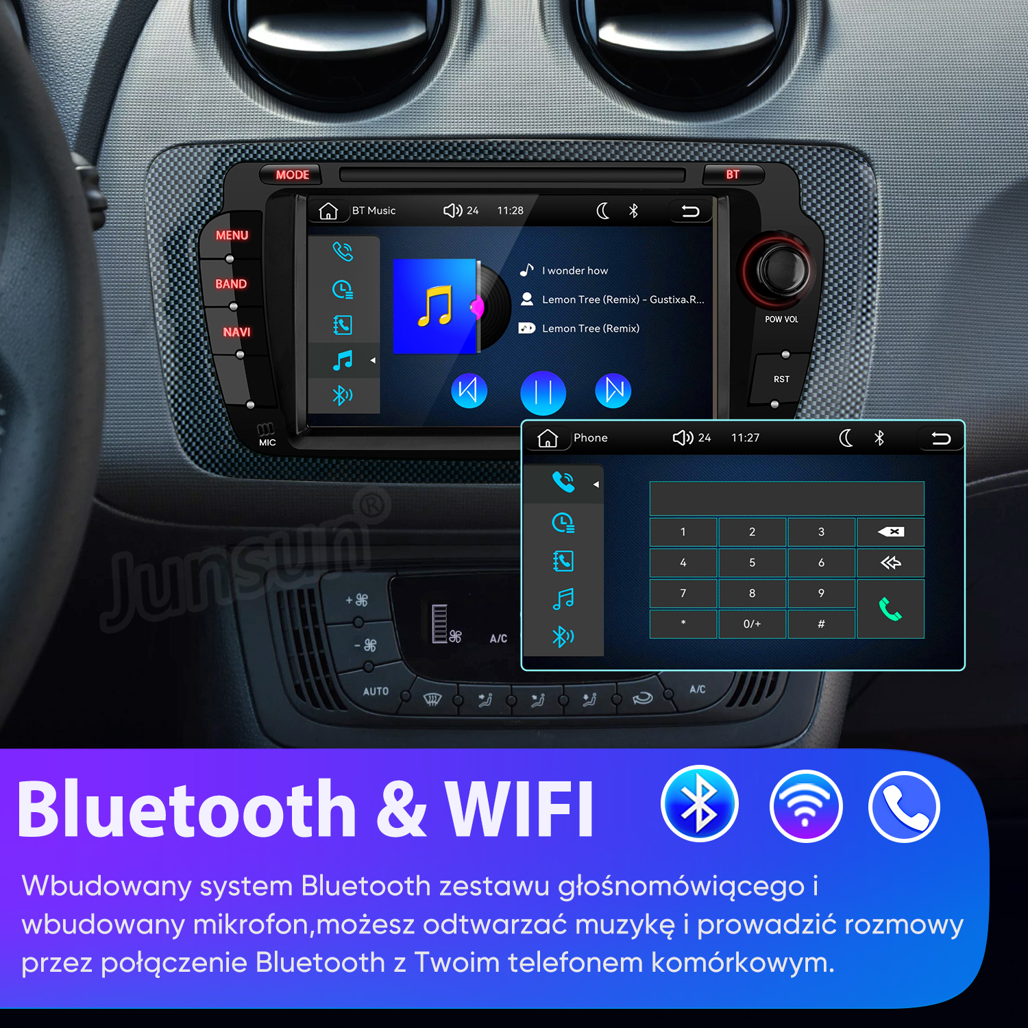 Deska rozdzielcza samochodu z systemem infotainment, wyświetlająca menu muzyki i telefonu.