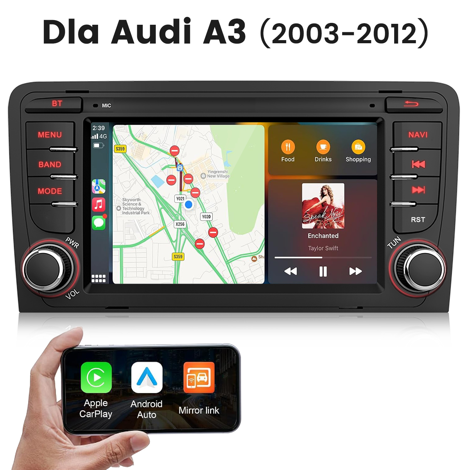 Radio samochodowe z nawigacją i odtwarzaniem muzyki, obok smartfon z CarPlay/Android Auto.