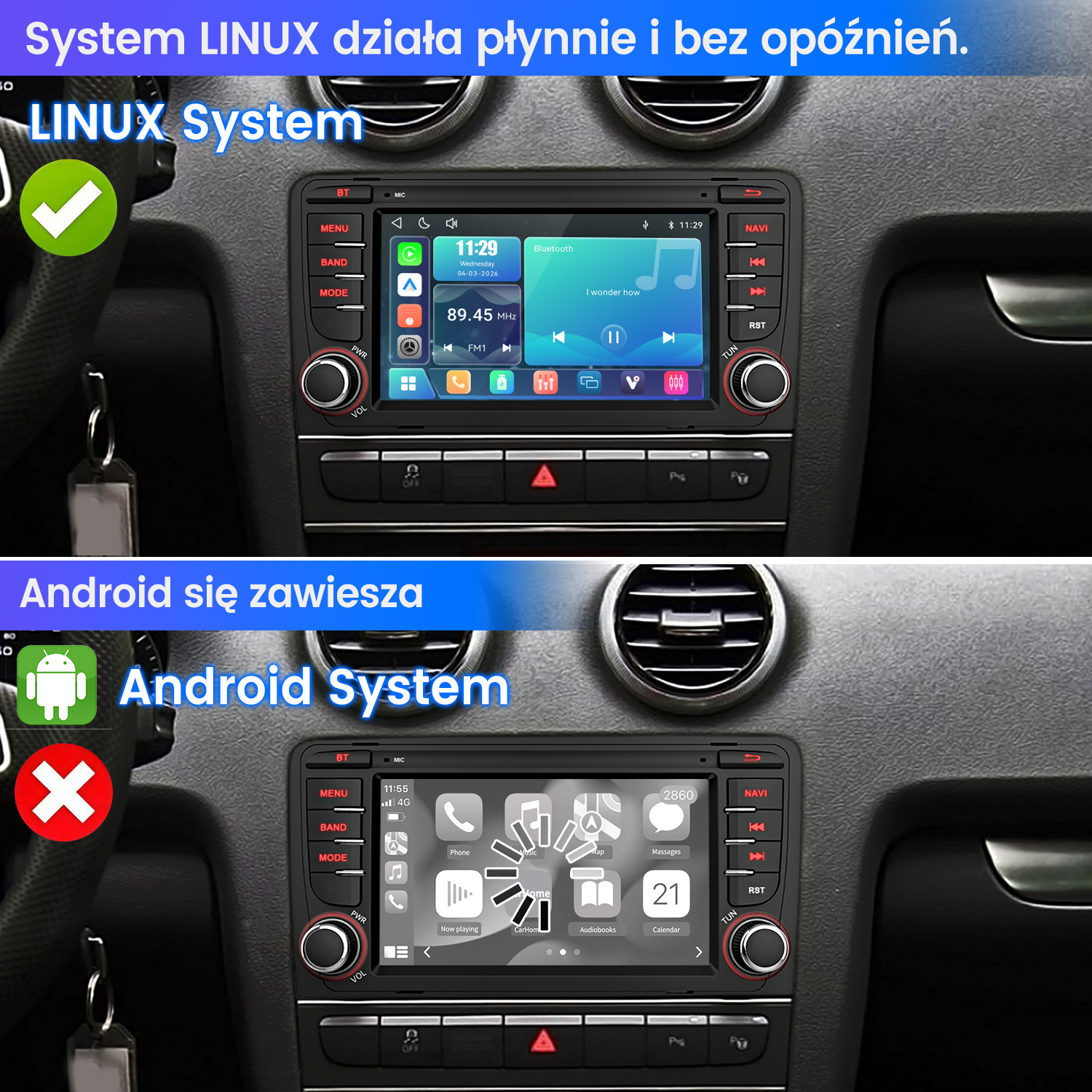 Dwa ekrany radia samochodowego obok siebie. Na górze Linux z haczykiem, na dole Android z krzyżykiem.