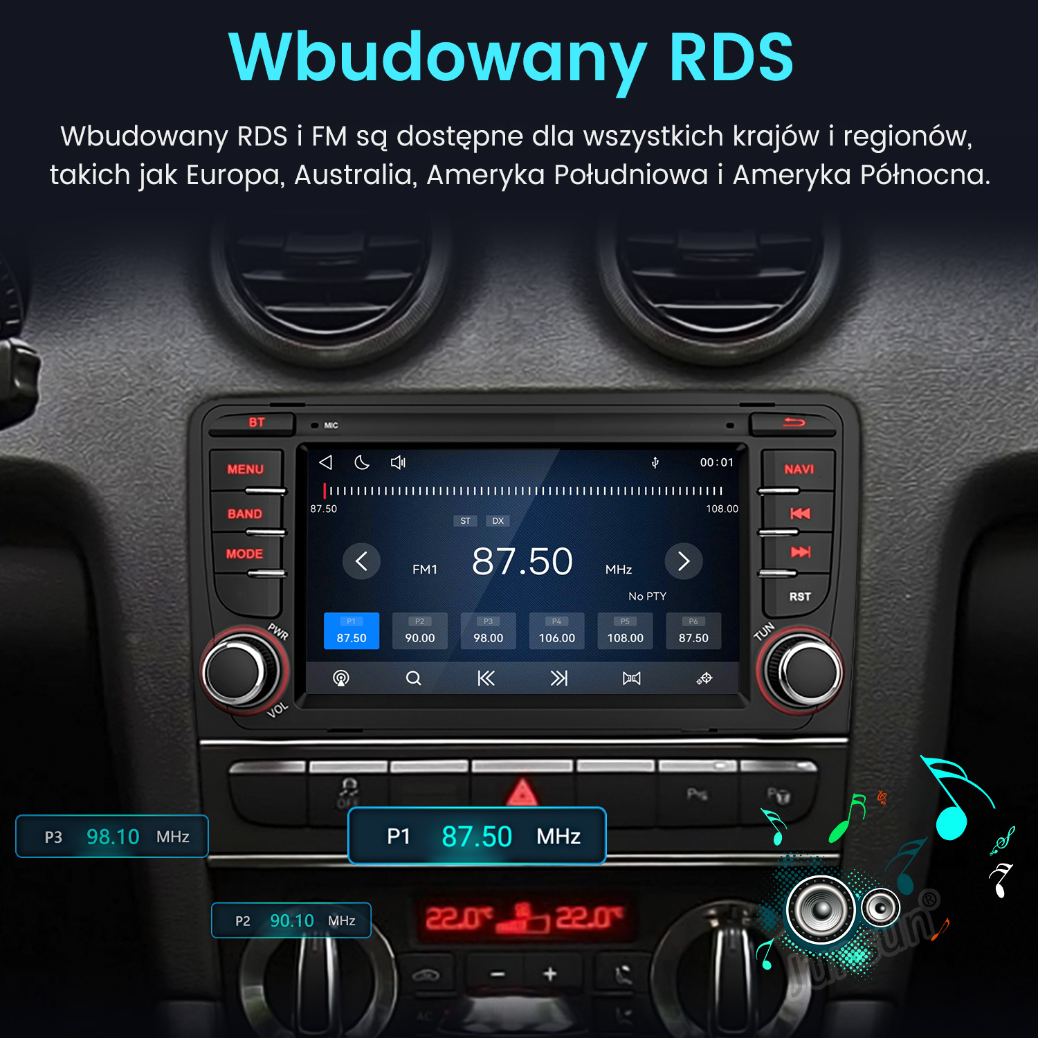 Wyświetlacz radia samochodowego pokazuje FM1 na 87,50 MHz. Widoczne są ustawienia.