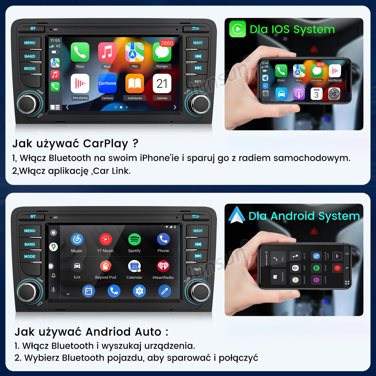 Infografika przedstawiająca systemy infotainment samochodowe: CarPlay i Android Auto.